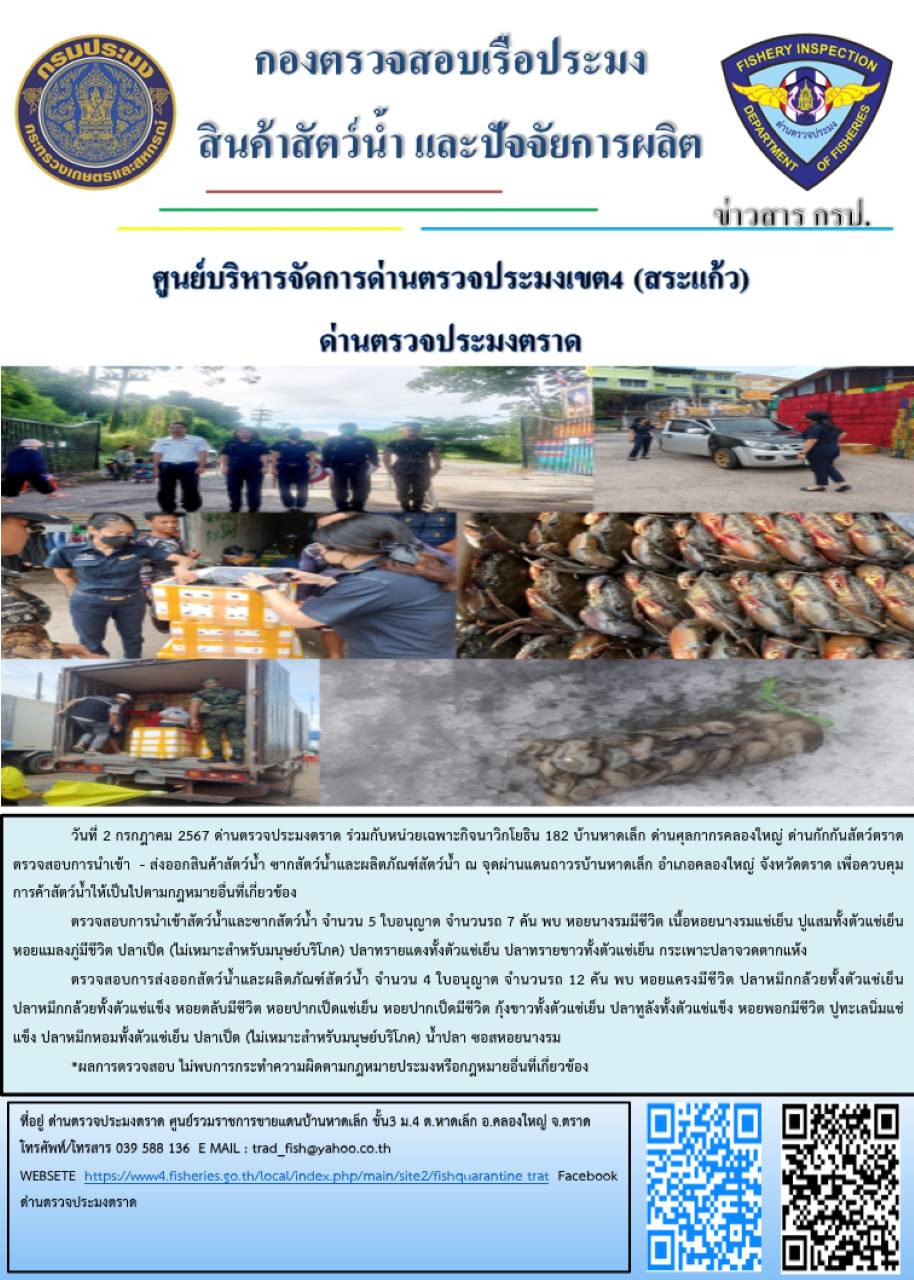 ผลการปฏิบัติงานของด่านตรวจประมงตราด ประจำวันที่ 2 กรกฎาคม 2567..คลิก