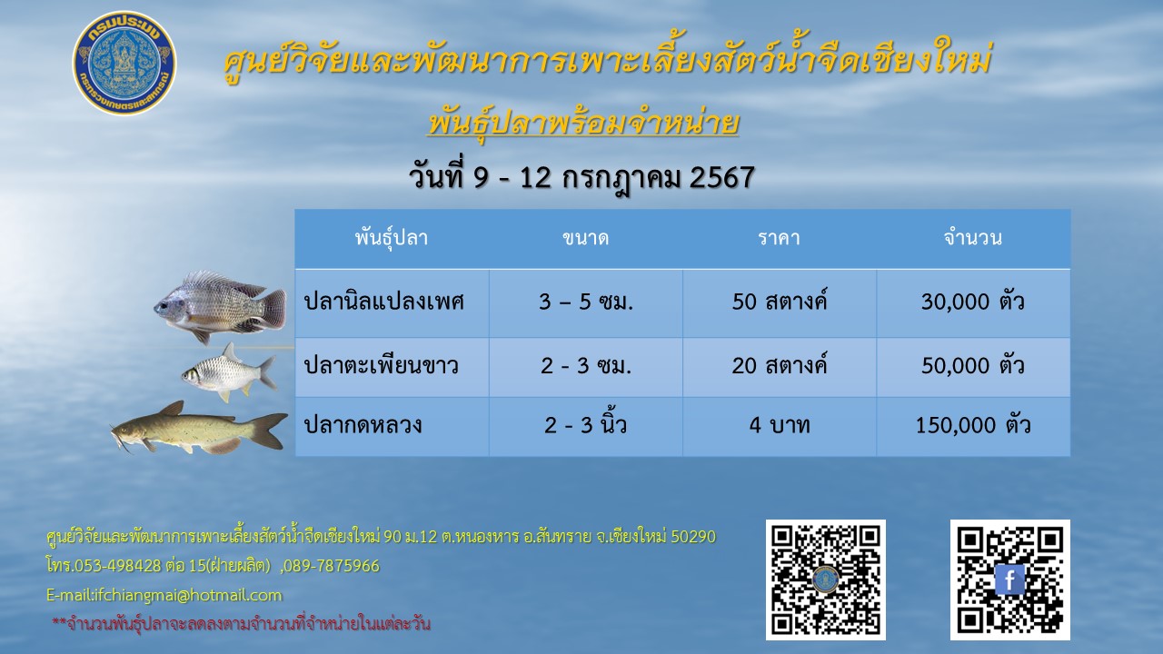 พันธุ์ปลาพร้อมจำหน่าย วันที่ 9-12 กรกฎาคม 2567
