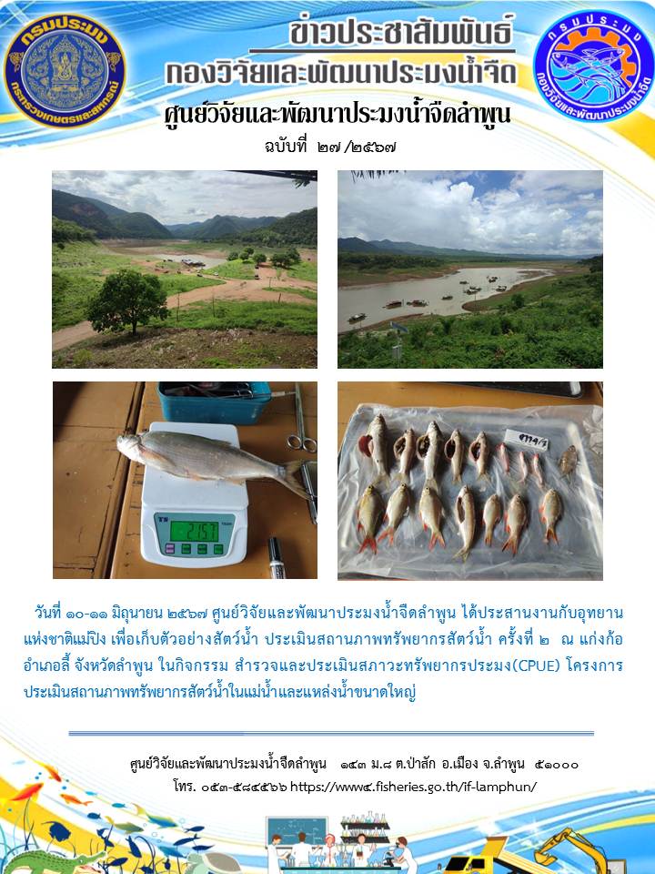 ศูนย์วิจัยและพัฒนาประมงน้ำจืดลำพูน ได้ประสานงานกับอุทยานแห่งชาติแม่ปิง เพื่อเก็บตัวอย่างสัตว์น้ำ ประเมินสถานภาพทรัพยากรสัตว์น้ำ ครั้งที่ 2  ณ แก่งก้อ อำเภอลี้ จังหวัดลำพูน ในกิจกรรม สำรวจและประเมินสภาวะทรัพยากรประมง(CPUE) โครงการประเมินสถานภาพทรัพยากรสัตว์น้ำในแม่น้ำและแหล่งน้ำขนาดใหญ่..คลิก