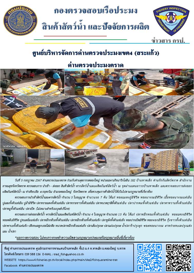 ผลการปฏิบัติงานของด่านตรวจประมงตราด ประจำวันที่ 5 กรกฎาคม 2567..คลิก