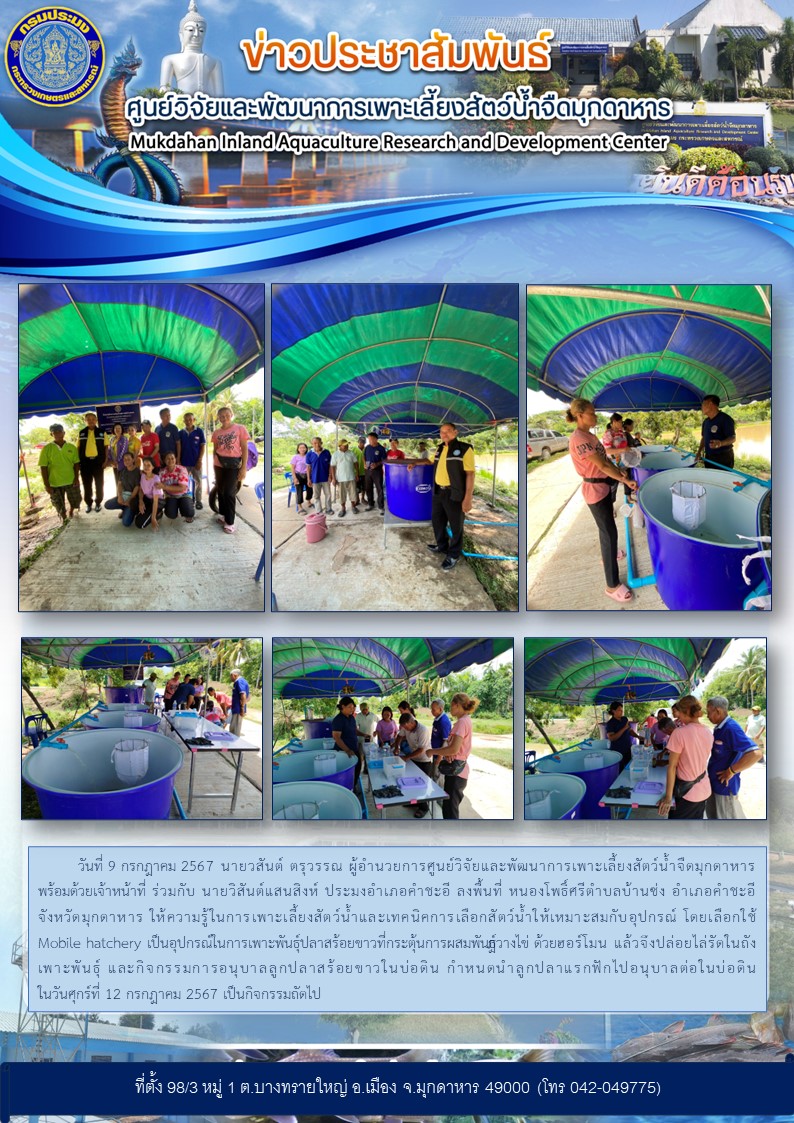 วันที่ 9 กรกฎาคม 2567 นายวสันต์ ตรุวรรณ ผู้อำนวยการศูนย์วิจัยและพัฒนาการเพาะเลี้ยงสัตว์น้ำจืดมุกดาหาร พร้อมด้วยเจ้าหน้าที่ ร่วมกับ นายวิสันต์แสนสิงห์ ประมงอำเภอคำชะอี ลงพื้นที่ หนองโพธิ์ศรีตำบลบ้านซ่ง อำเภอคำชะอี จังหวัดมุกดาหาร ให้ความรู้ในการเพาะเลี้ยงสัตว์น้ำและเทคนิคการเลือกสัตว์น้ำให้เหมาะสมกับอุปกรณ์ โดยเลือกใช้ Mobile hatchery..คลิก