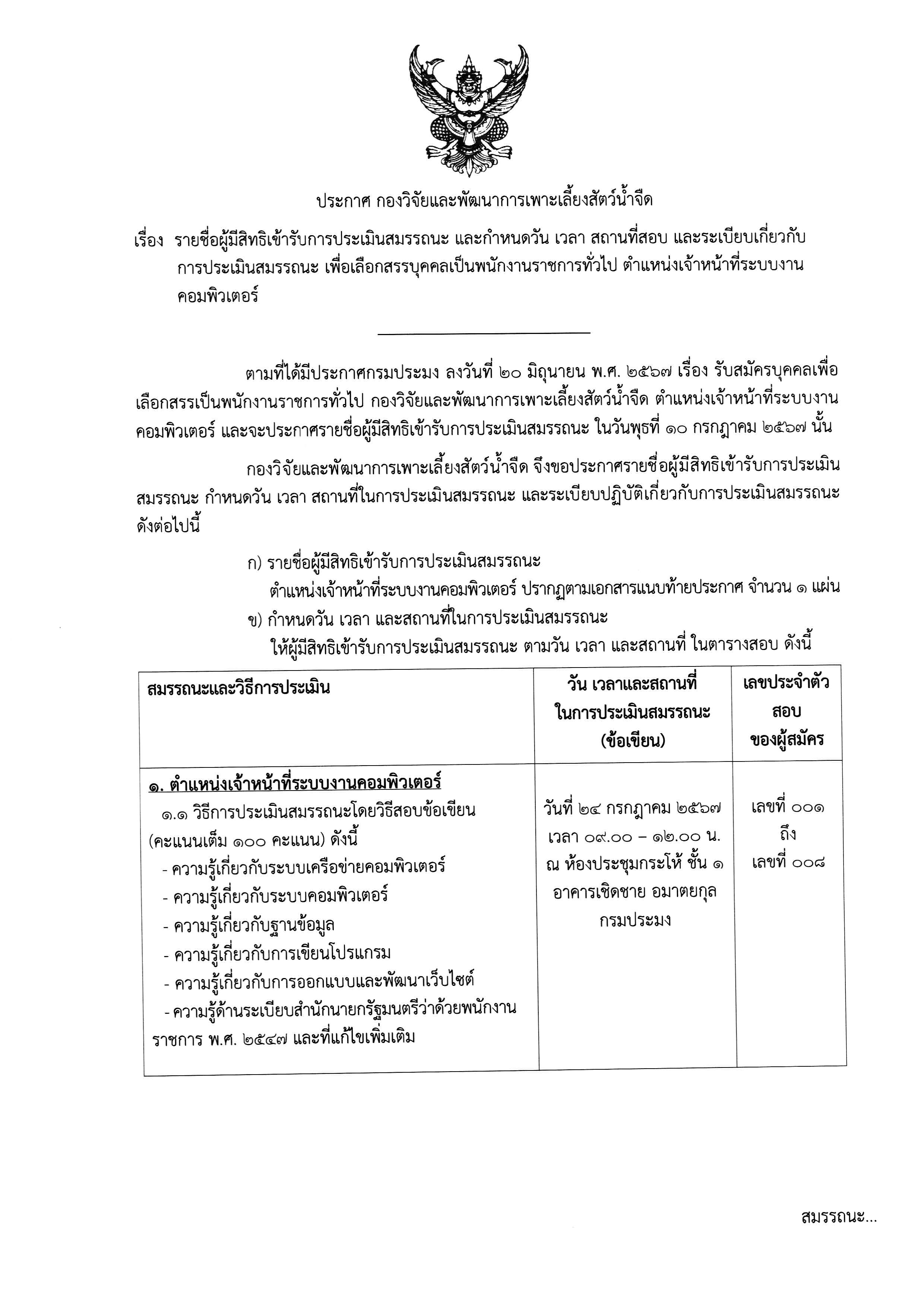 ประกาศ รายชื่อผู้มีสิทธิเข้ารับการประเมินสมรรถนะใน ตำแหน่งเจ้าหน้าที่ระบบงานคอมพิวเตอร์..คลิก