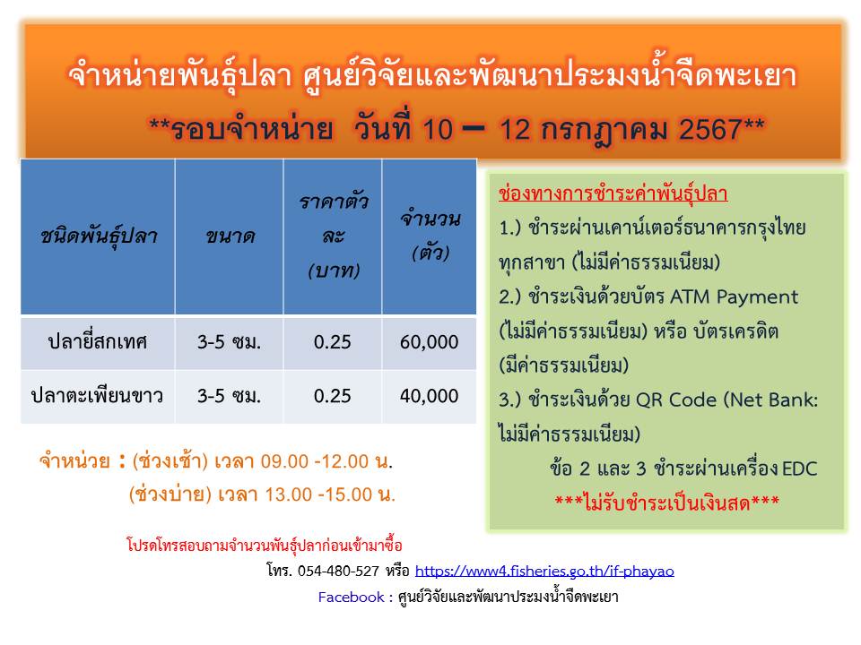 จำหน่ายพันธุ์ปลา ศูนย์วิจัยและพัฒนาประมงน้ำจืดพะเยา รอบจำหน่าย วันที่ 10-12 ก.ค.67