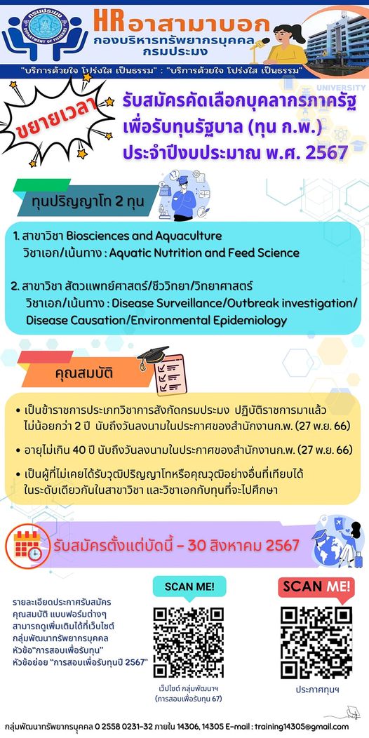 ขยายเวลารับสมัครคัดเลือกบุคลากรภาครัฐเพื่อรับทุนรัฐบาล ประจำปีงบประมาณ พ.ศ. 2567 (ทุนพัฒนาบุคลากรภาครัฐ  ทุนสำหรับผู้ที่ได้รับการตอบรับให้เข้าศึกษาฝึกอบรมจากสถาบันการศึกษา) ครั้งที่ 1..คลิก