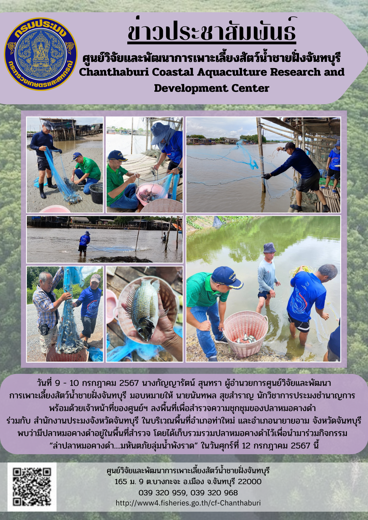 ศูนย์วิจัยและพัฒนาการเพาะเลี้ยงสัตว์น้ำชายฝั่งจันทบุรี ลงพื้นที่เพื่อสำรวจความชุกชุมของปลาหมอคางดำในบริเวณพื้นที่อำเภอท่าใหม่ และอำเภอนายายอาม จังหวัดจันทบุรี..คลิก