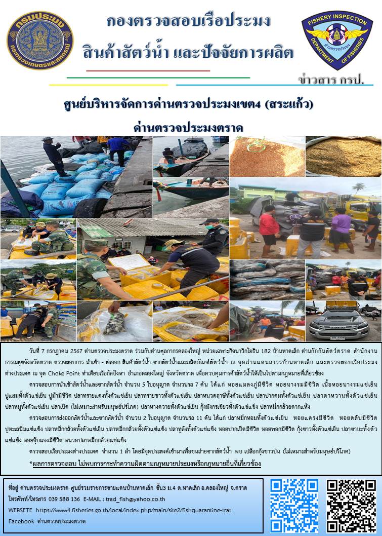 ผลการปฏิบัติงานของด่านตรวจประมงตราด ประจำวันที่ 7 กรกฎาคม 2567..คลิก
