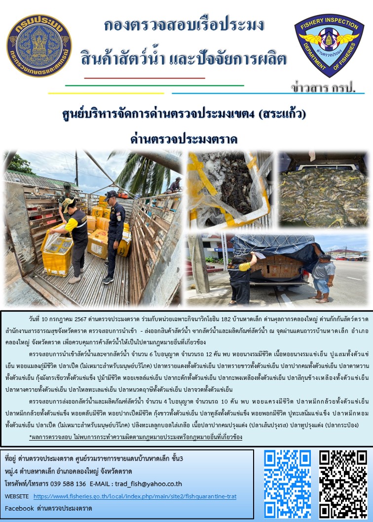 ผลการปฏิบัติงานของด่านตรวจประมงตราด ประจำวันที่ 10 กรกฎาคม 2567..คลิก