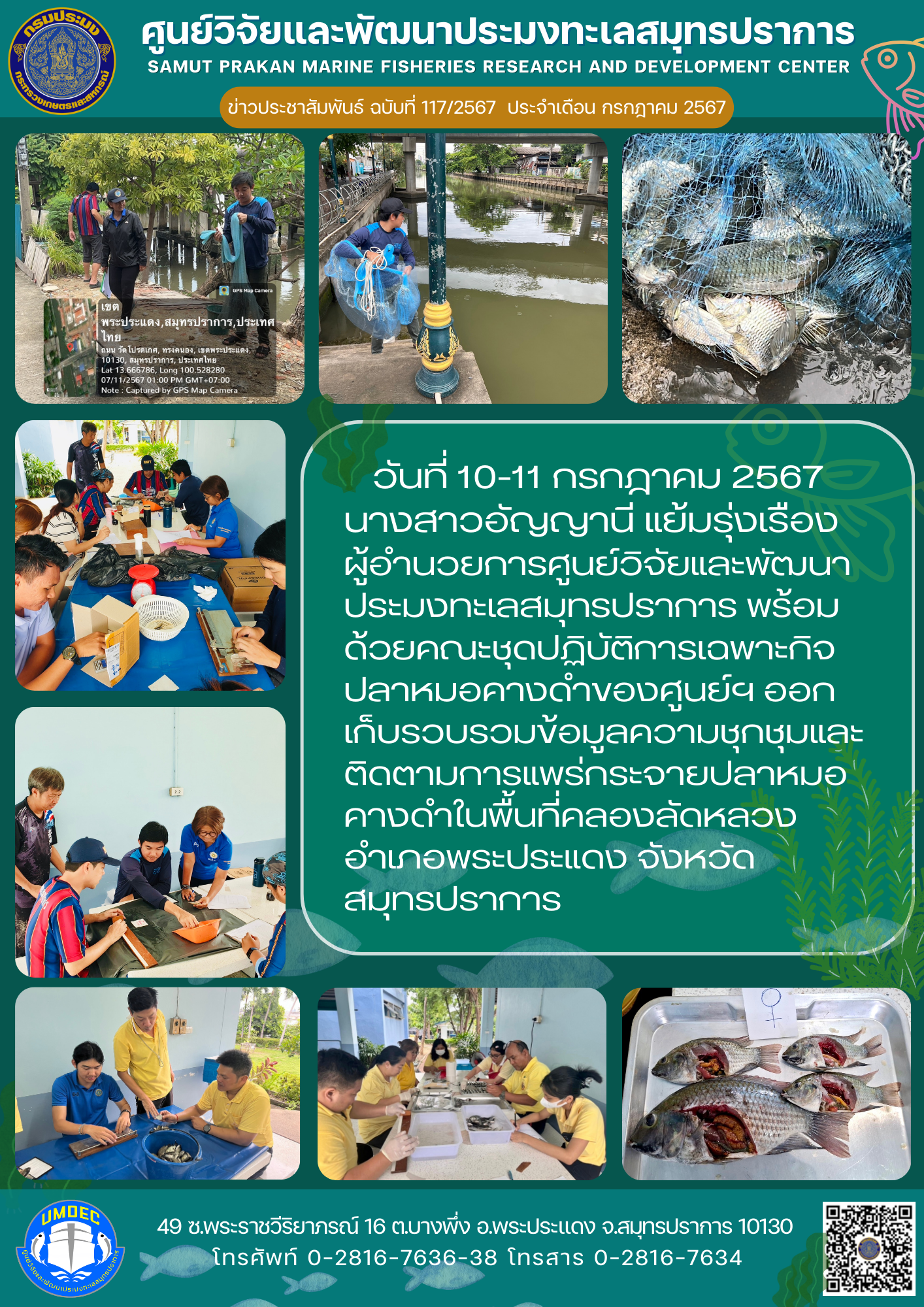 ศูนย์วิจัยและพัฒนาประมงทะเลสมุทรปราการ พร้อมด้วยคณะชุดปฏิบัติการเฉพาะ ออกเก็บรวบรวมข้อมูลความชุกชุมและติดตามการแพร่กระจายปลาหมอคางดำ ในพื้นที่คลองลัดหลวง..คลิก