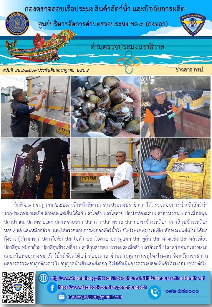 ประชาสัมพันธ์ด่านตรวจประมงนราธิวาส ประจำวันที่ 11 กรกฎาคม 2567..คลิก