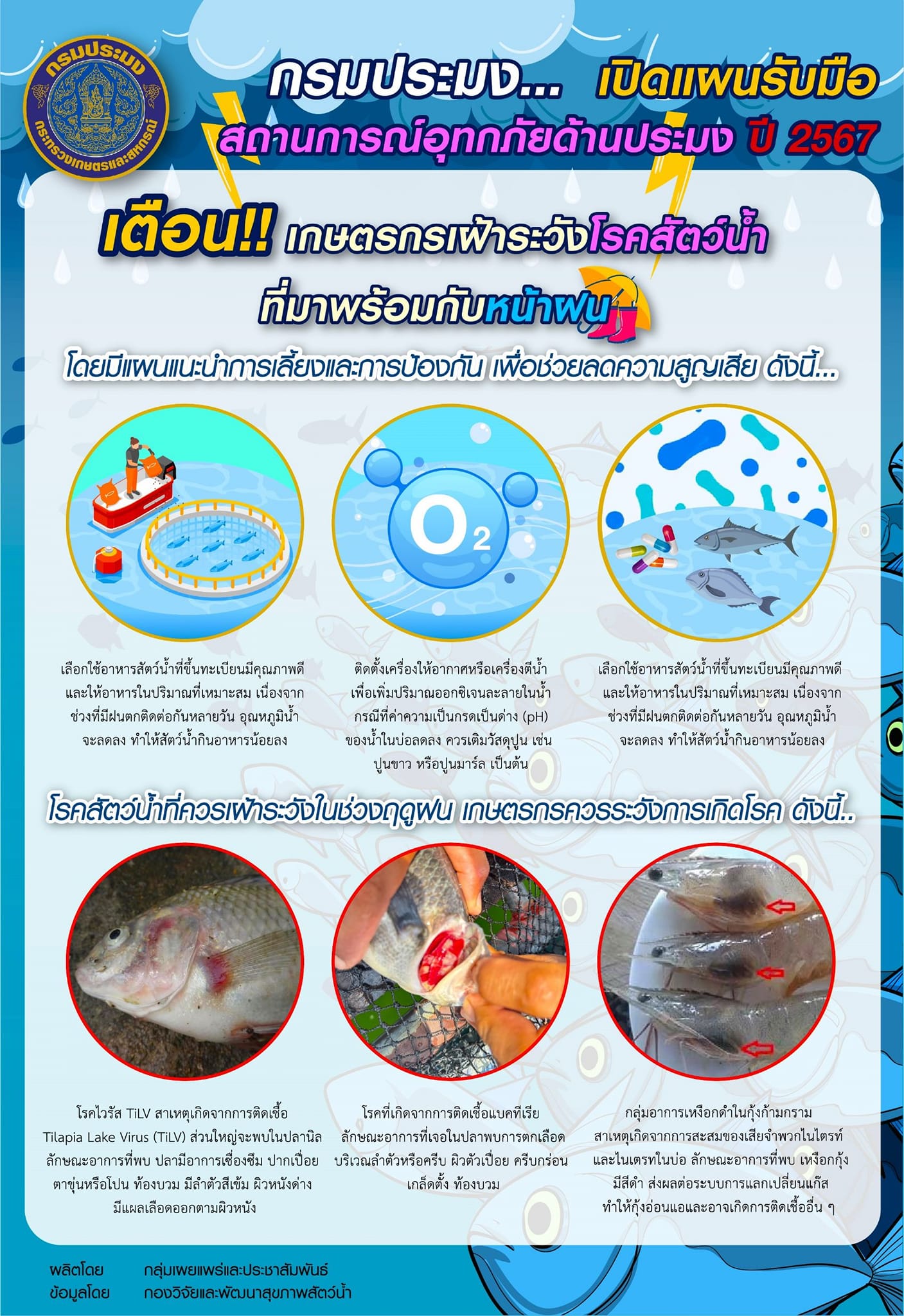 กรมประมง...เปิดแผนรับมือสถานการณ์อุทกภัยด้านประมง ปี 2567 เตือนเกษตรกรเฝ้าระวังโรคสัตว์น้ำที่มาพร้อมกับหน้าฝน แนะควรวางแผนการเลี้ยงและการป้องกัน เพื่อช่วยลดความสูญเสีย