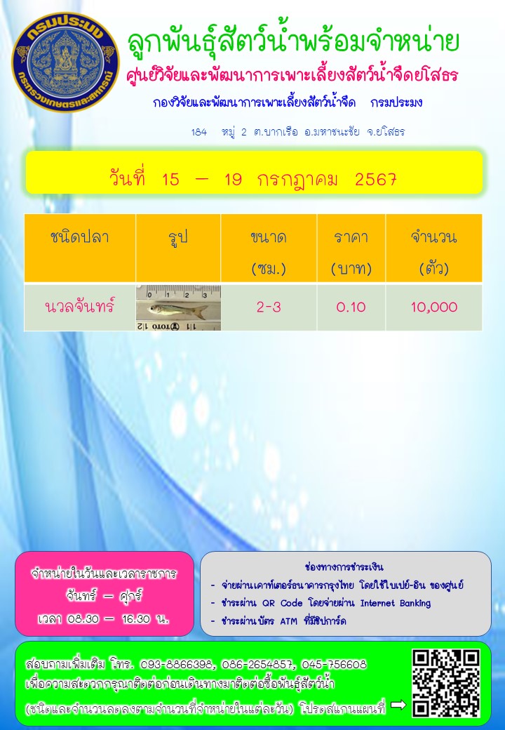 ลูกพันธุ์สัตว์น้ำพร้อมจำหน่าย 15 - 19 ก.ค. 2567
