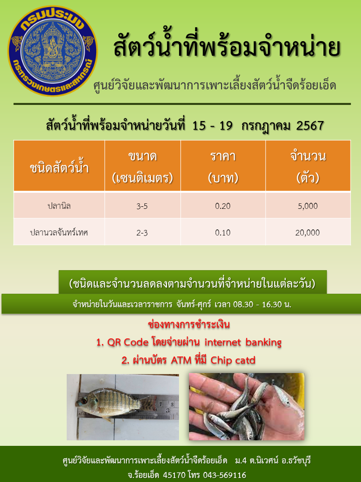 สัตว์น้ำที่พร้อมจำหน่ายวันที่ 15 - 19  กรกฎาคม 2567..คลิก