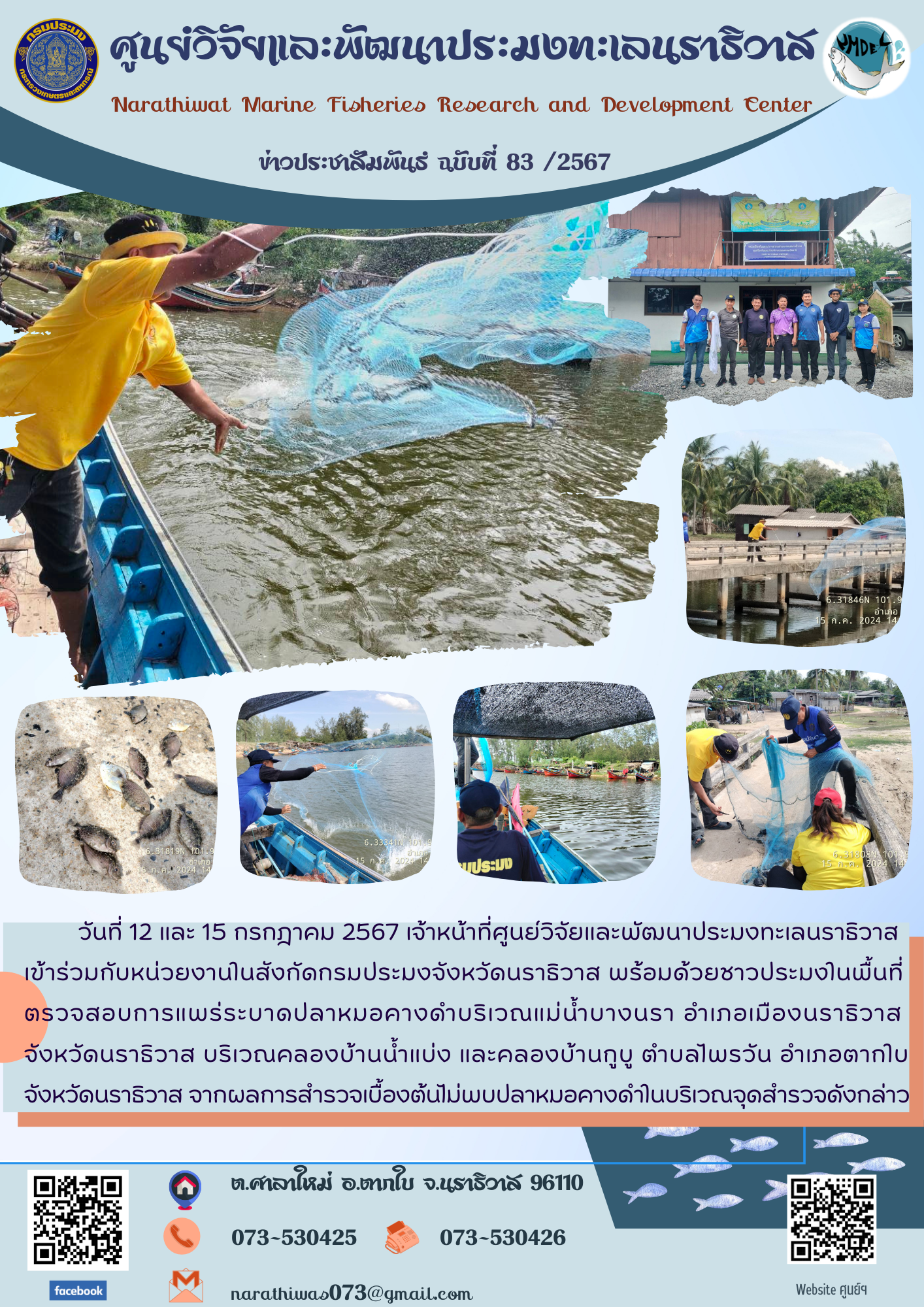 เจ้าหน้าที่ศูนย์วิจัยและพัฒนาประมงทะเลนราธิวาส เข้าร่วมกับหน่วยงานในสังกัดกรมประมงจังหวัดนราธิวาส พร้อมด้วยชาวประมงในพื้นที่ตรวจสอบการแพร่ระบาดปลาหมอคางดำในจังหวัดนราธิวาส..คลิก