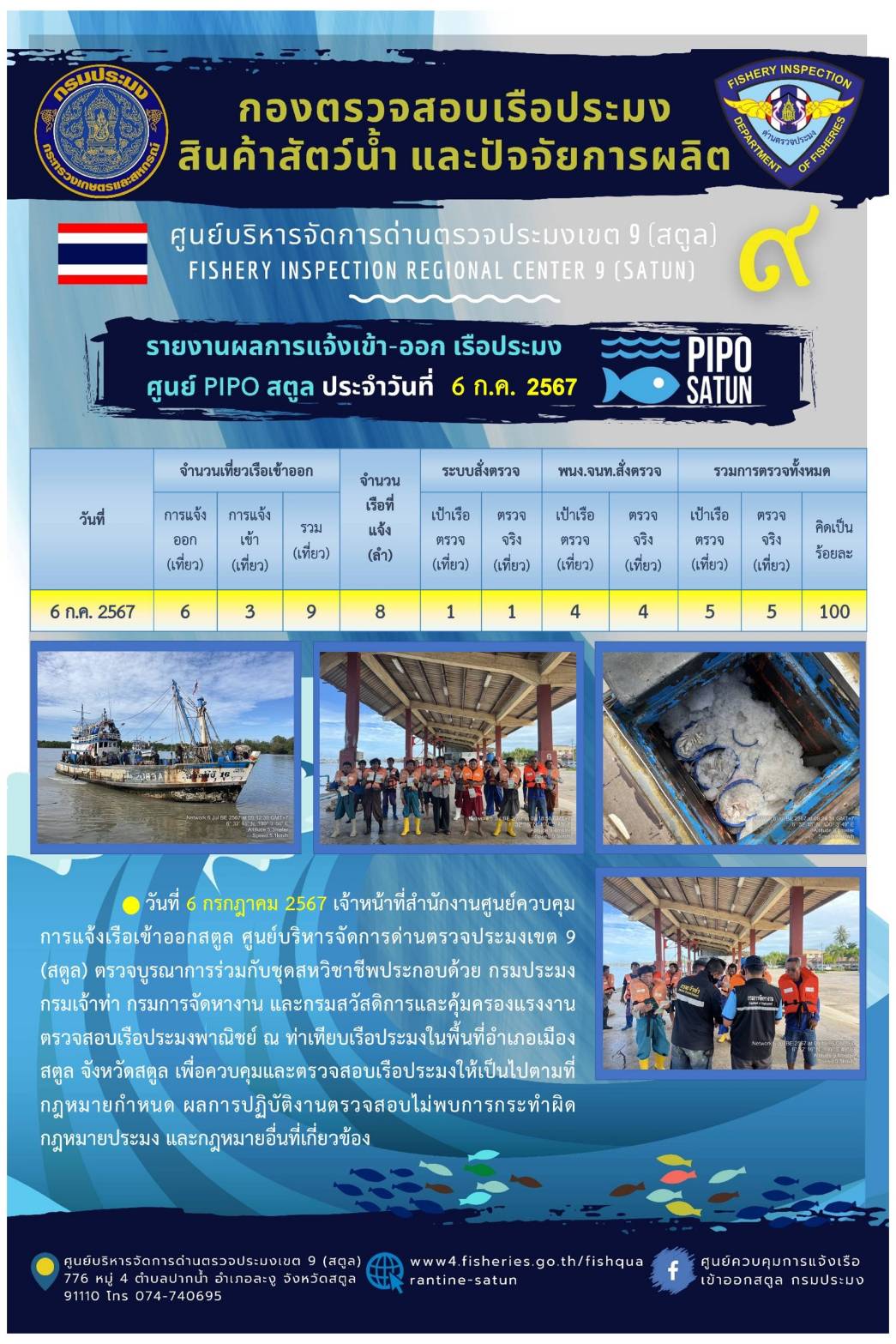 ประชาสัมพันธ์การปฏิบัติงานศูนย์บริหารจัดการด่านตรวจประมงเขต 9 (สตูล) ประจำวันที่ 6-10 กรกฎาคม 2567