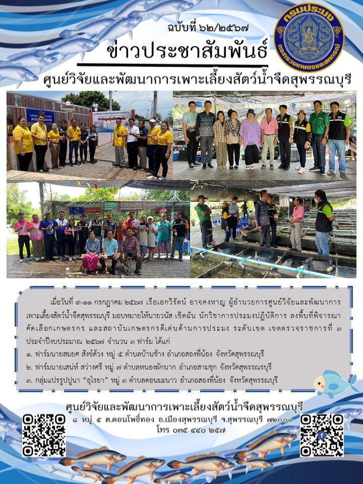 ลงพื้นที่พิจารณาคัดเลือกเกษตรกร และสถาบันเกษตรกรดีเด่นด้านการประมง ระดับเขต เขตตรวจราชการที่ 3 ประจำปีงบประมาณ 2567..คลิก