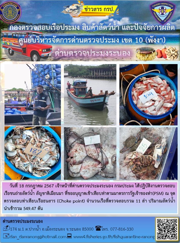 รายงานผลการตรวจเรือขนถ่ายสัตว์น้ำจากประเทศเมียนมาร์..คลิก