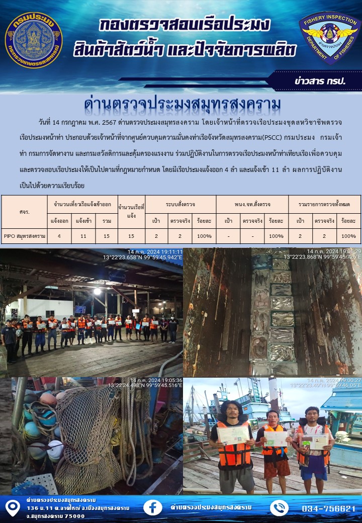 สถิติการแจ้งเข้า - ออกเรือประมงพาณิชย์ ด่านตรวจประมงสมุทรสงคราม ประจำวันที่ 14 กรกฎาคม 2567..คลิก