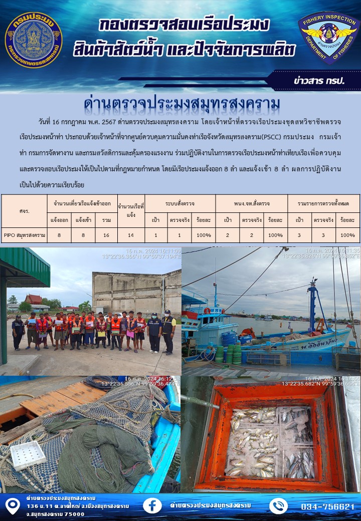 สถิติการแจ้งเข้า - ออกเรือประมงพาณิชย์ ด่านตรวจประมงสมุทรสงคราม ประจำวันที่ 16 กรกฎาคม 2567..คลิก