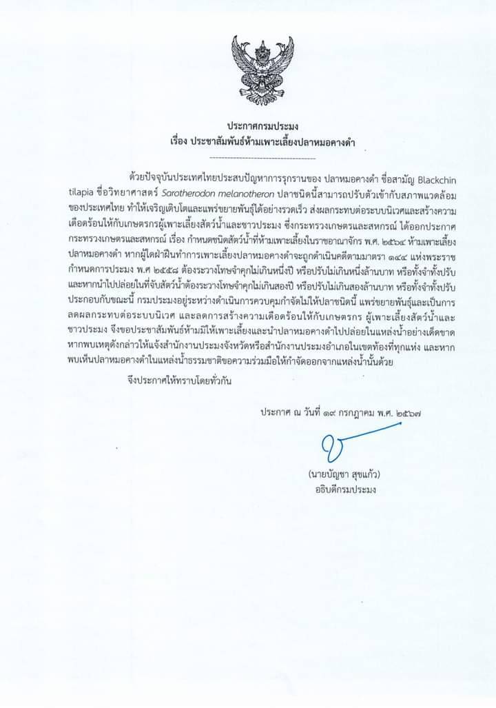 ประกาศกรมประมง เรื่อง ประชาสัมพันธ์ห้ามเพาะเลี้ยงปลาหมอคางดำ..คลิก