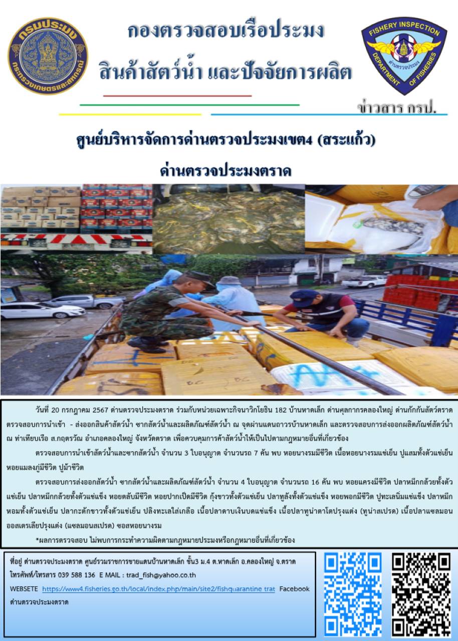 ผลการปฎิบัติงานของด่านตรวจประมงตราด ประจำวันที่ 20 กรกฎาคม 2567..คลิก