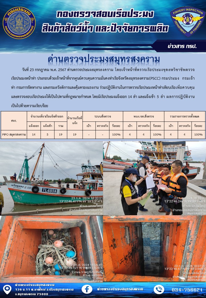 สถิติการแจ้งเข้า - ออกเรือประมงพาณิชย์ ด่านตรวจประมงสมุทรสงคราม ประจำวันที่ 23 กรกฎาคม 2567..คลิก