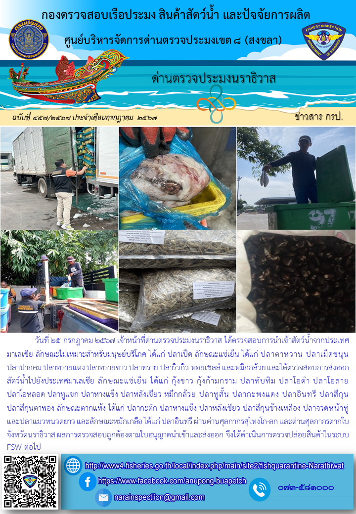 ประชาสัมพันธ์ด่านตรวจประมงนราธิวาส ประจำวันที่ 25 กรกฎาคม 2567..คลิก