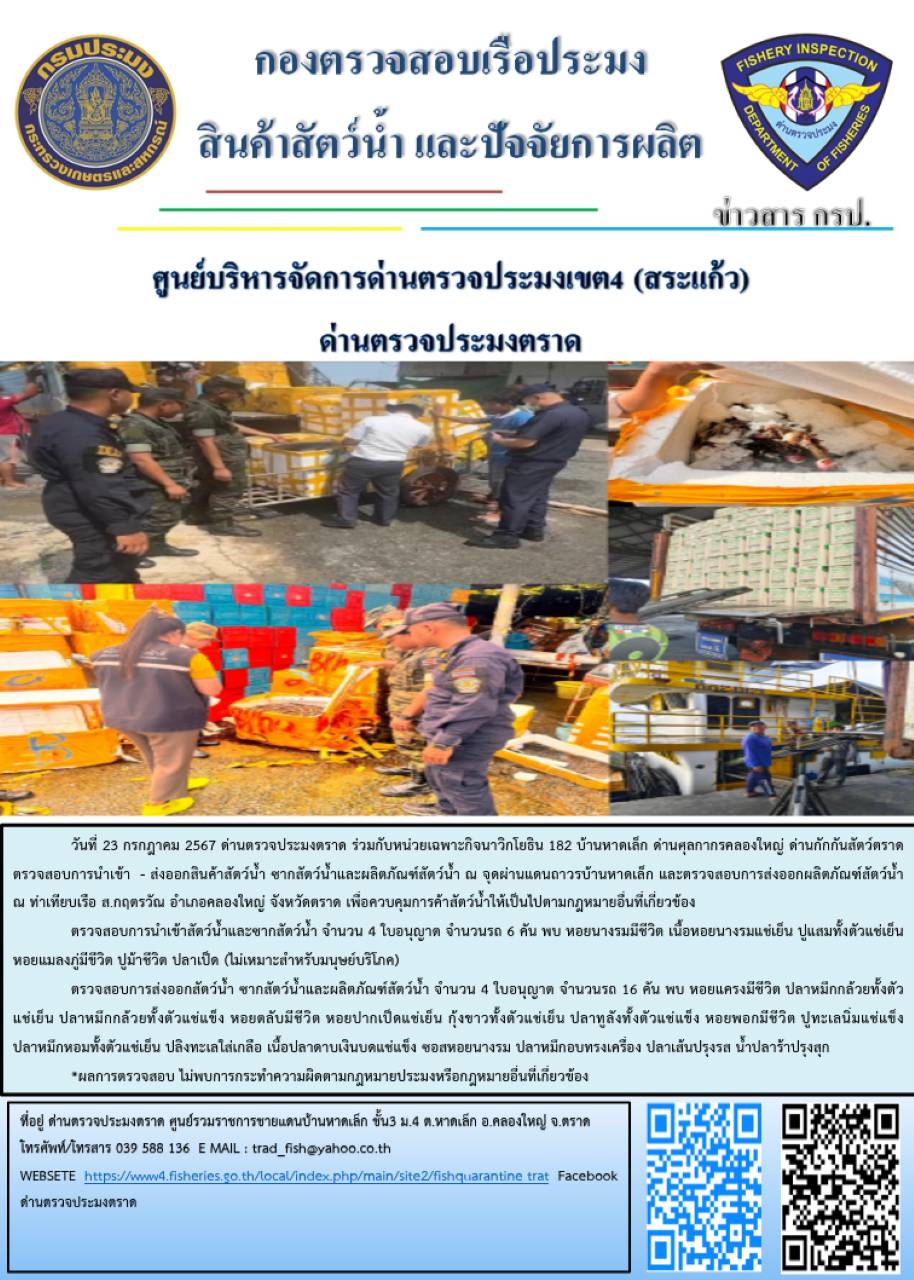 ผลการปฎิบัติงานของด่านตรวจประมงตราด ประจำวันที่ 23 กรกฎาคม 2567..คลิก