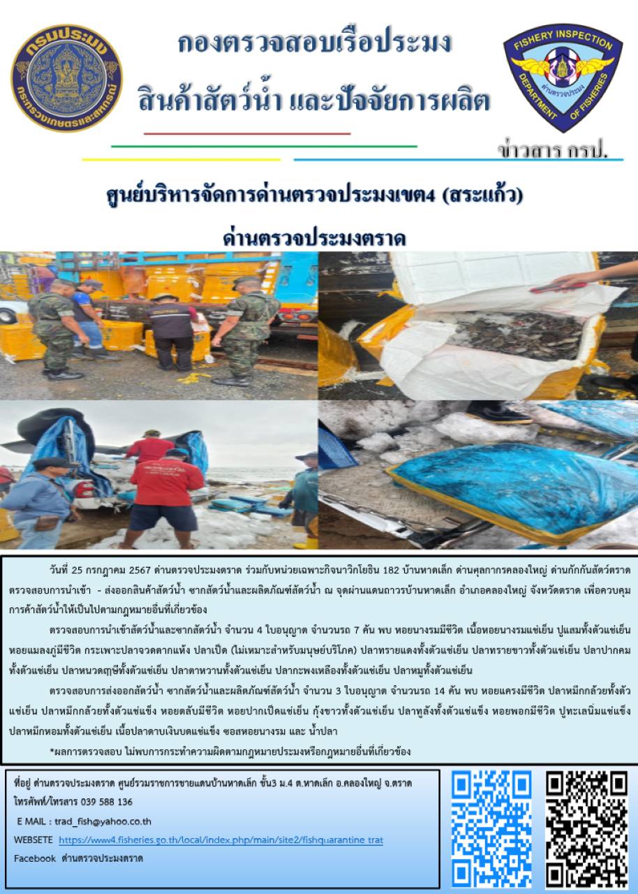 ผลการปฎิบัติงานของด่านตรวจประมงตราด ประจำวันที่ 25 กรกฎาคม 2567..คลิก