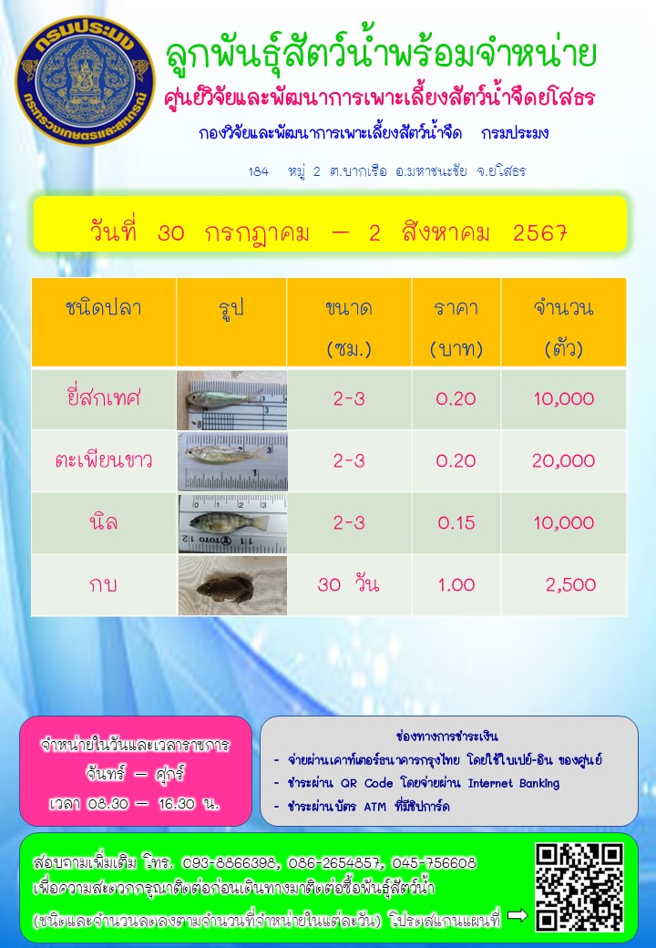 ลูกพันธุ์สัตว์น้ำพร้อมจำหน่าย 30 ก.ค. - 2 ส.ค. 2567..คลิก