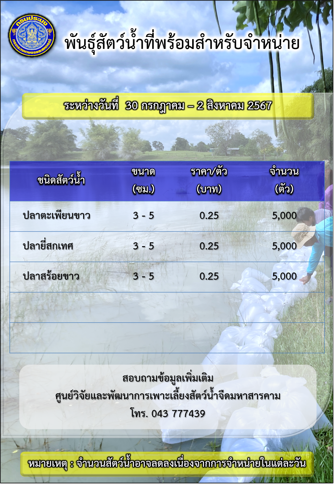 พันธุ์สัตว์น้ำที่พร้อมสำหรับจำหน่าย ระหว่างวันที่ 30 กรกฎาคม - 2 สิงหาคม 2567..คลิก