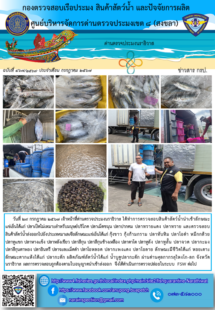 ประชาสัมพันธ์ด่านตรวจประมงนราธิวาส ประจำวันที่ 29 กรกฎาคม 2567..คลิก