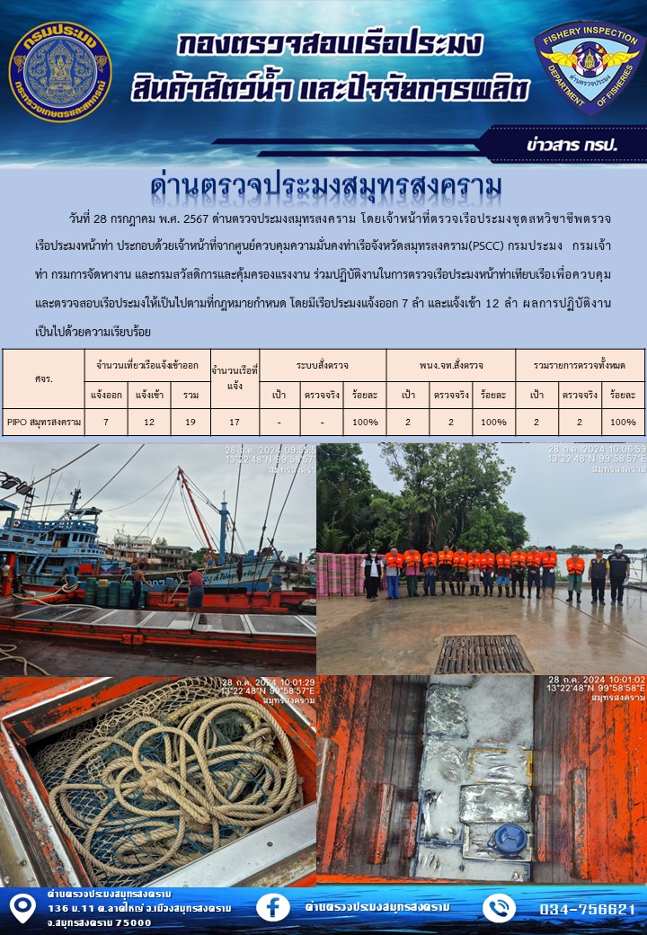 สถิติการแจ้งเข้า - ออกเรือประมงพาณิชย์ ด่านตรวจประมงสมุทรสงคราม ประจำวันที่ 28 กรกฎาคม 2567..คลิก