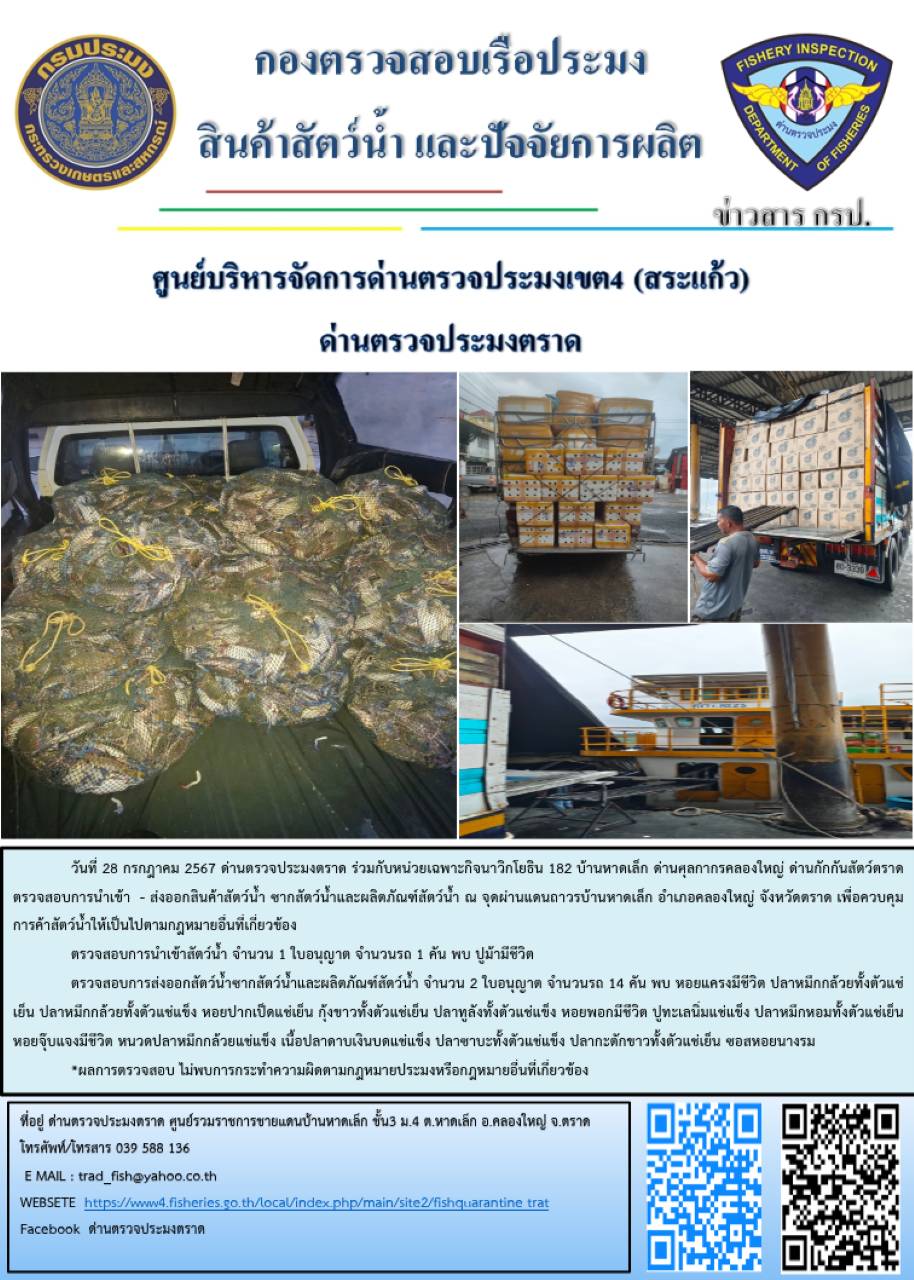 ผลการปฎิบัติงานของด่านตรวจประมงตราด ประจำวันที่ 28 กรกฎาคม 2567..คลิก