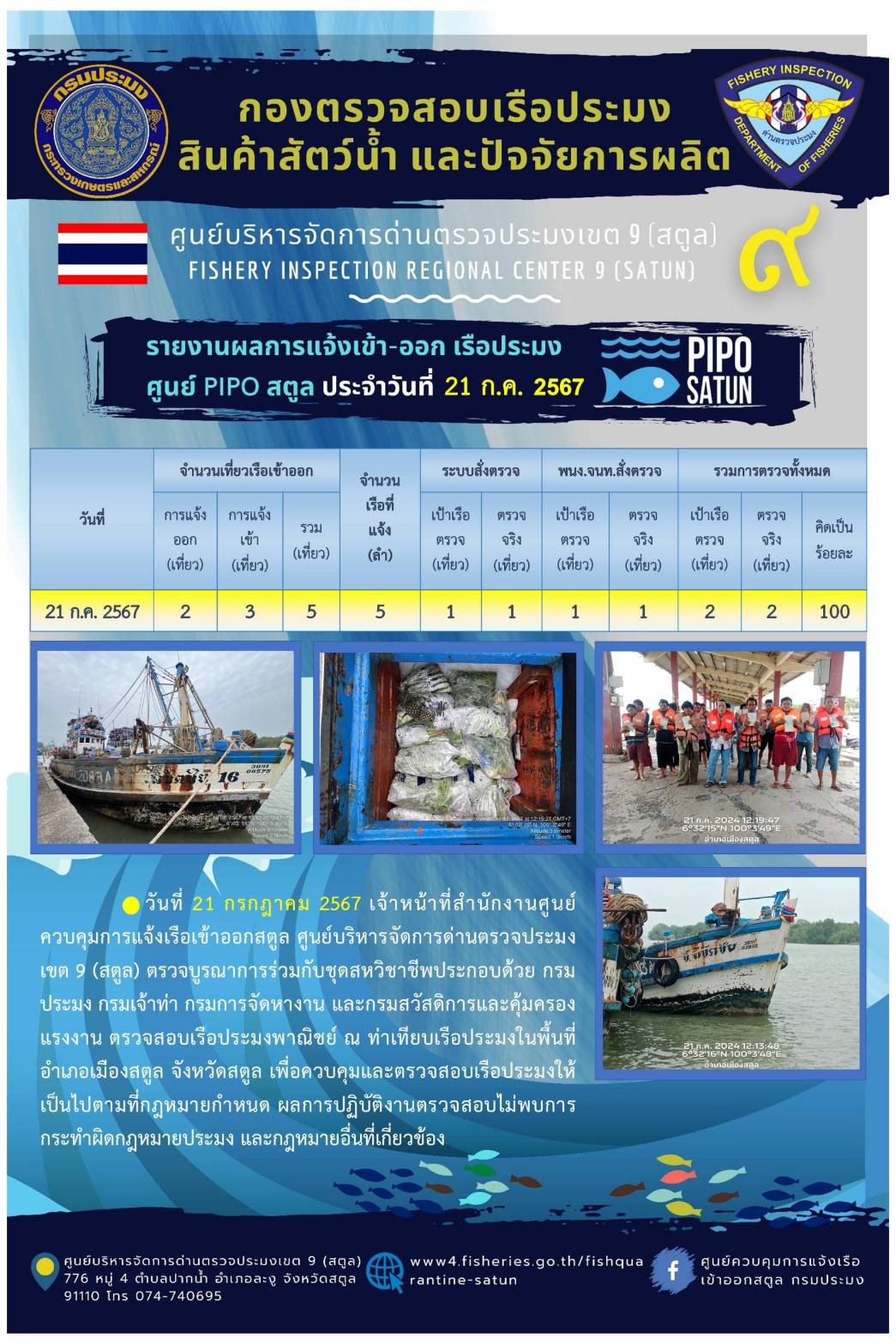 ประชาสัมพันธ์การปฏิบัติงานศูนย์บริหารจัดการด่านตรวจประมงเขต 9 (สตูล) ประจำวันที่ 21-25 กรกฎาคม 2567