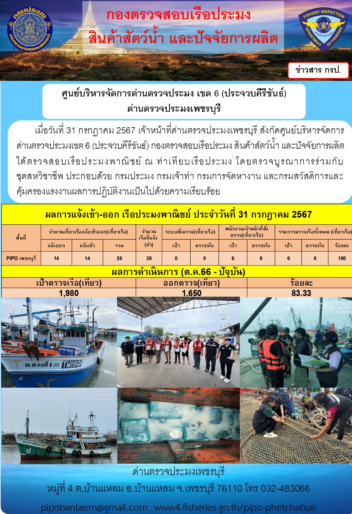 ข่าวประชาสัมพันธ์ ด่านตรวจประมงเพชรบุรี สถิติเรือที่แจ้งเข้า - ออก ประจำวันที่ 31 ก.ค. 2567..คลิก