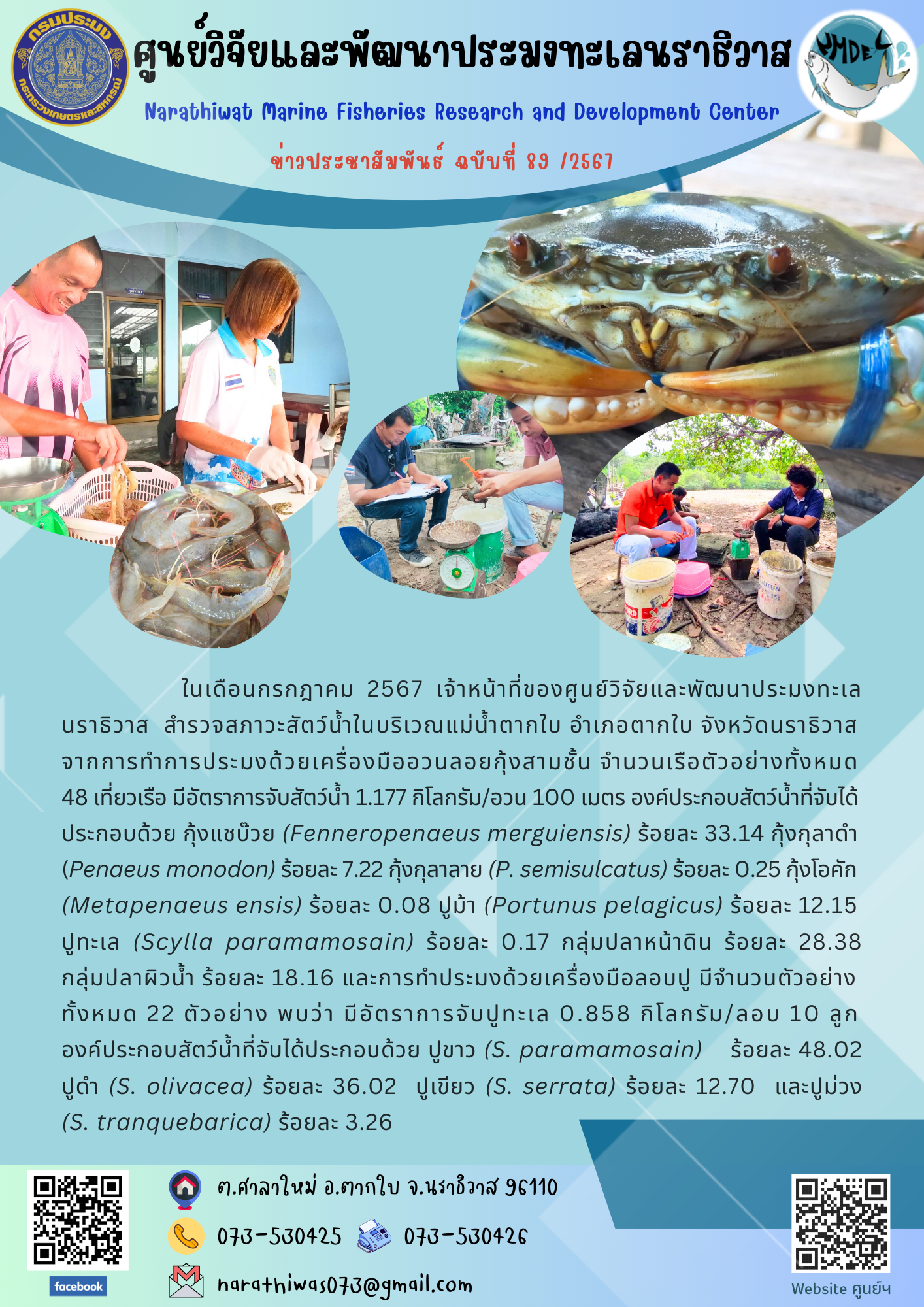 ในเดือนกรกฎาคม 2567 เจ้าหน้าที่ของศูนย์วิจัยและพัฒนาประมงทะเลนราธิวาส สำรวจสภาวะสัตว์น้ำในบริเวณแม่น้ำตากใบ อำเภอตากใบ จังหวัดนราธิวาส จากการทำการประมงด้วยเครื่องมืออวนลอยกุ้งสามชั้น..คลิก