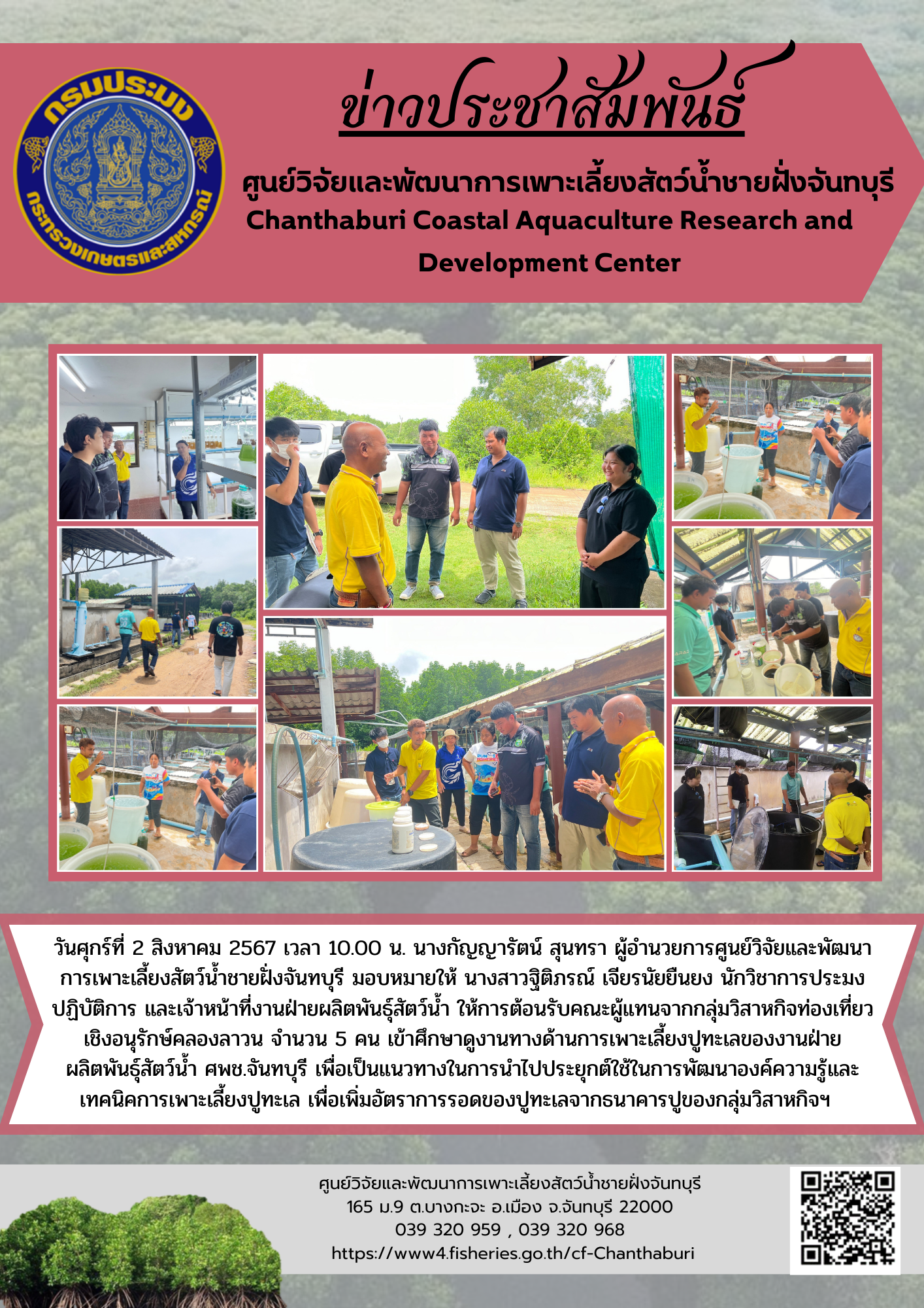 ศูนย์วิจัยและพัฒนาการเพาะเลี้ยงสัตว์น้ำชายฝั่งจันทบุรี ให้การต้อนรับคณะผู้แทนจากกลุ่มวิสาหกิจท่องเที่ยวเชิงอนุรักษ์คลองลาวน เข้าศึกษาดูงานทางด้านการเพาะเลี้ยงปูทะเลของงานฝ่ายผลิตพันธุ์สัตว์น้ำ..คลิก