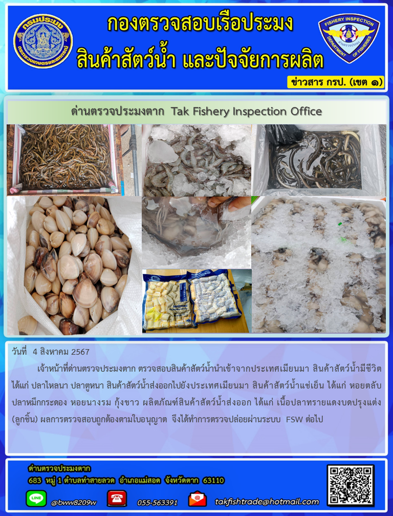 วันที่  4 สิงหาคม 2567           เจ้าหน้าที่ด่านตรวจประมงตาก ตรวจสอบสินค้าสัตว์น้ำนำเข้าจากประเทศเมียนมา สินค้าสัตว์น้ำมีชีวิต ได้แก่ ปลาไหลนา ปลาตูหนา สินค้าสัตว์น้ำส่งออกไปยังประเทศเมียนมา สินค้าสัตว์น้ำแช่เย็น ได้แก่ หอยตลับปลาหมึกกระดอง หอยนางรม กุ้งขาว ผลิตภัณฑ์สินค้าสัตว์น้ำส่งออก ได้แก่ เนื้อปลาทรายแดงบดปรุงแต่ง(ลูกชิ้น) ผลการตรวจสอบถูกต้องตามใบอนุญาต จึงได้ทำการตรวจปล่อยผ่านระบบ FSW ต่อไป..คลิก