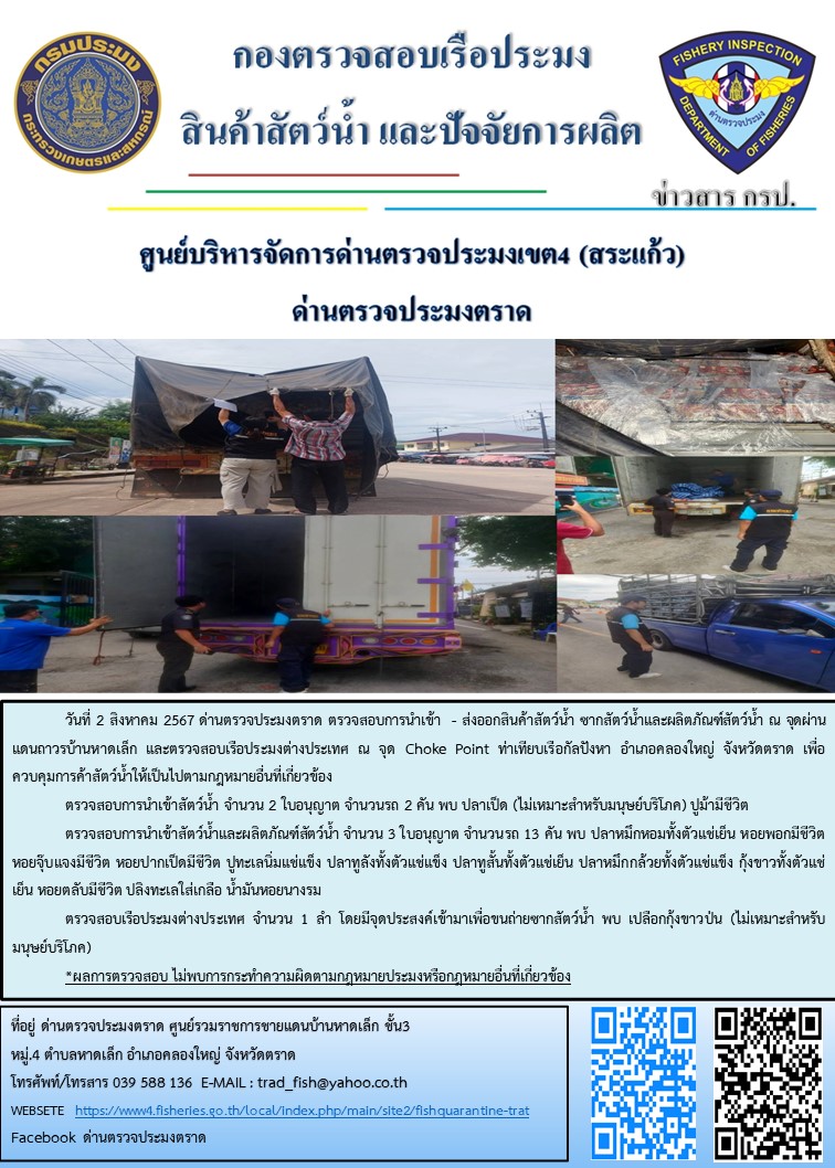 ผลการปฏิบัติงานของด่านตรวจประมงตราด ประจำวันที่ 2 สิงหาคม 2567..คลิก