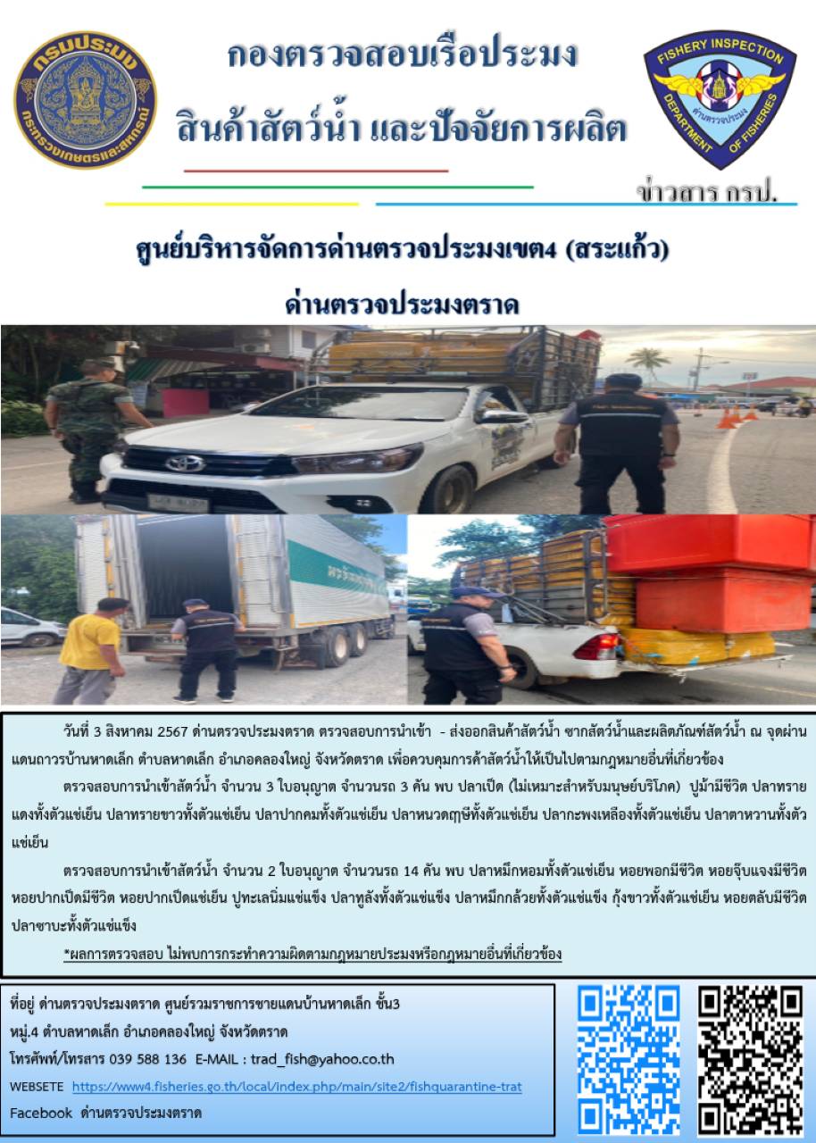 ผลการปฏิบัติงานของด่านตรวจประมงตราด ประจำวันที่ 3 สิงหาคม 2567..คลิก