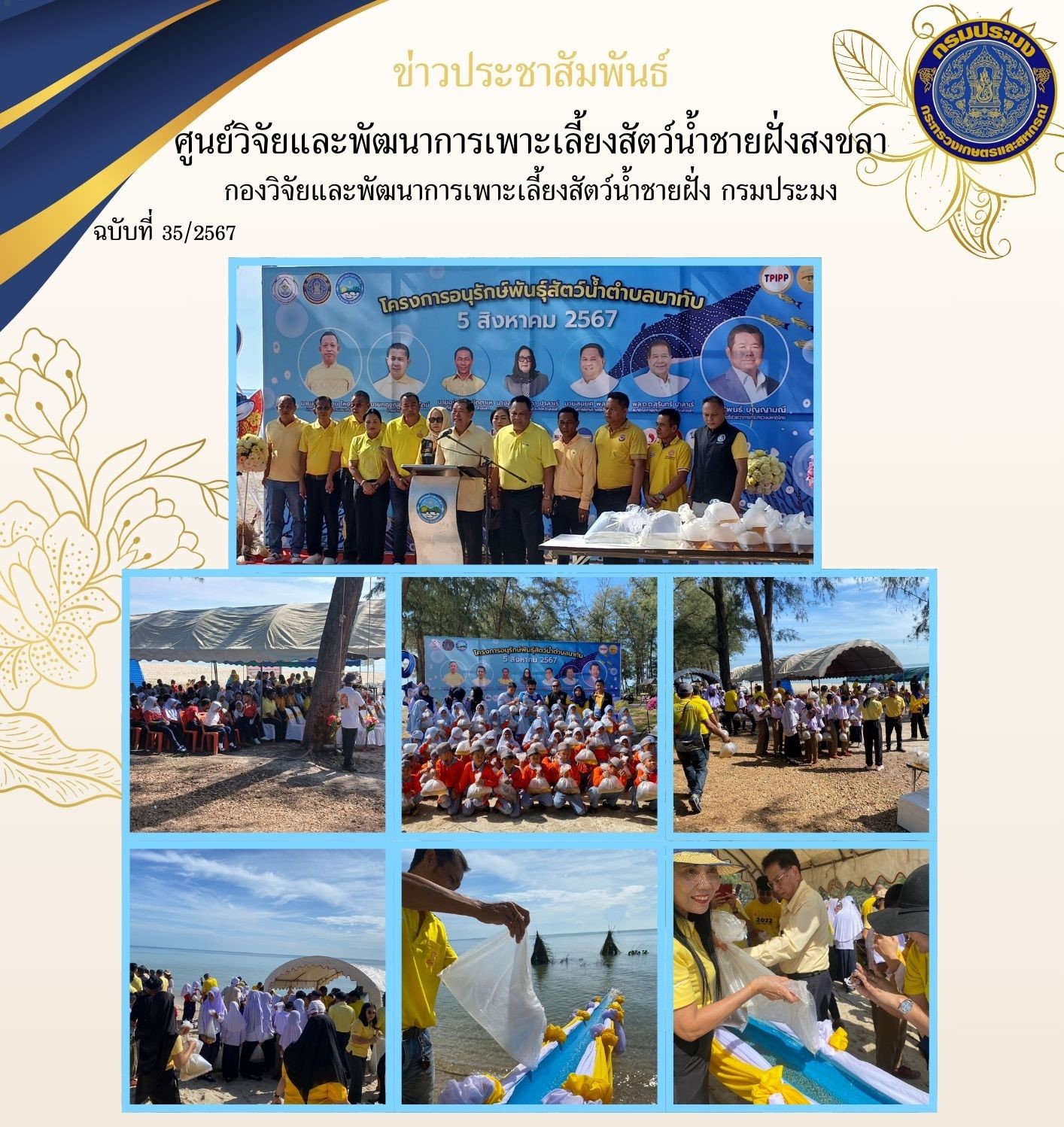  วันที่ 5 สิงหาคม 2567 นางสาวปริศนา คลิ้งสุขคล้าย ผู้อำนวยการศูนย์วิจัยและพัฒนาการเพาะเลี้ยงสัตว์น้ำชายฝั่งสงขลา มอบหมายให้นายชลิต สง่างาม นักวิชาการประมงชำนาญการ พร้อมด้วยเจ้าหน้าที่ของศูนย์ฯ ส่งมอบพันธุ์กุ้งแชบ๊วย ให้แก่สำนักงานประมงจังหวัดสงขลา..คลิก