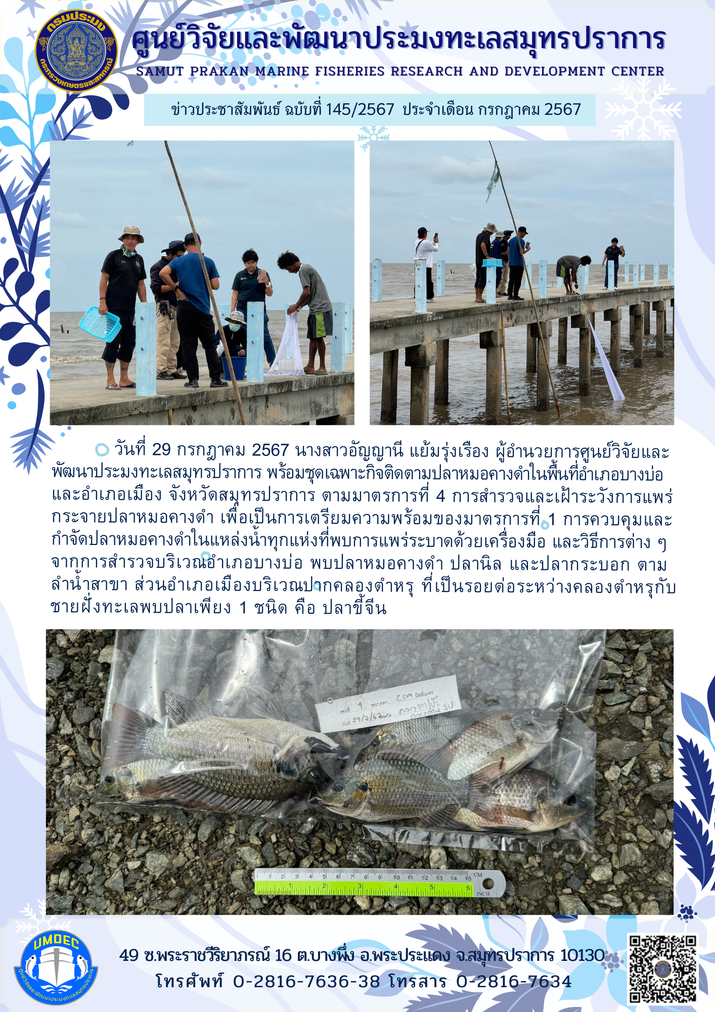 เจ้าหน้าที่ชุดเฉพาะกิจติดตามปลาหมอคางดำในพื้นที่อำเภอบางบ่อและอำเภอเมือง จังหวัดสมุทรปราการ ตามมาตรการที่ 4..คลิก