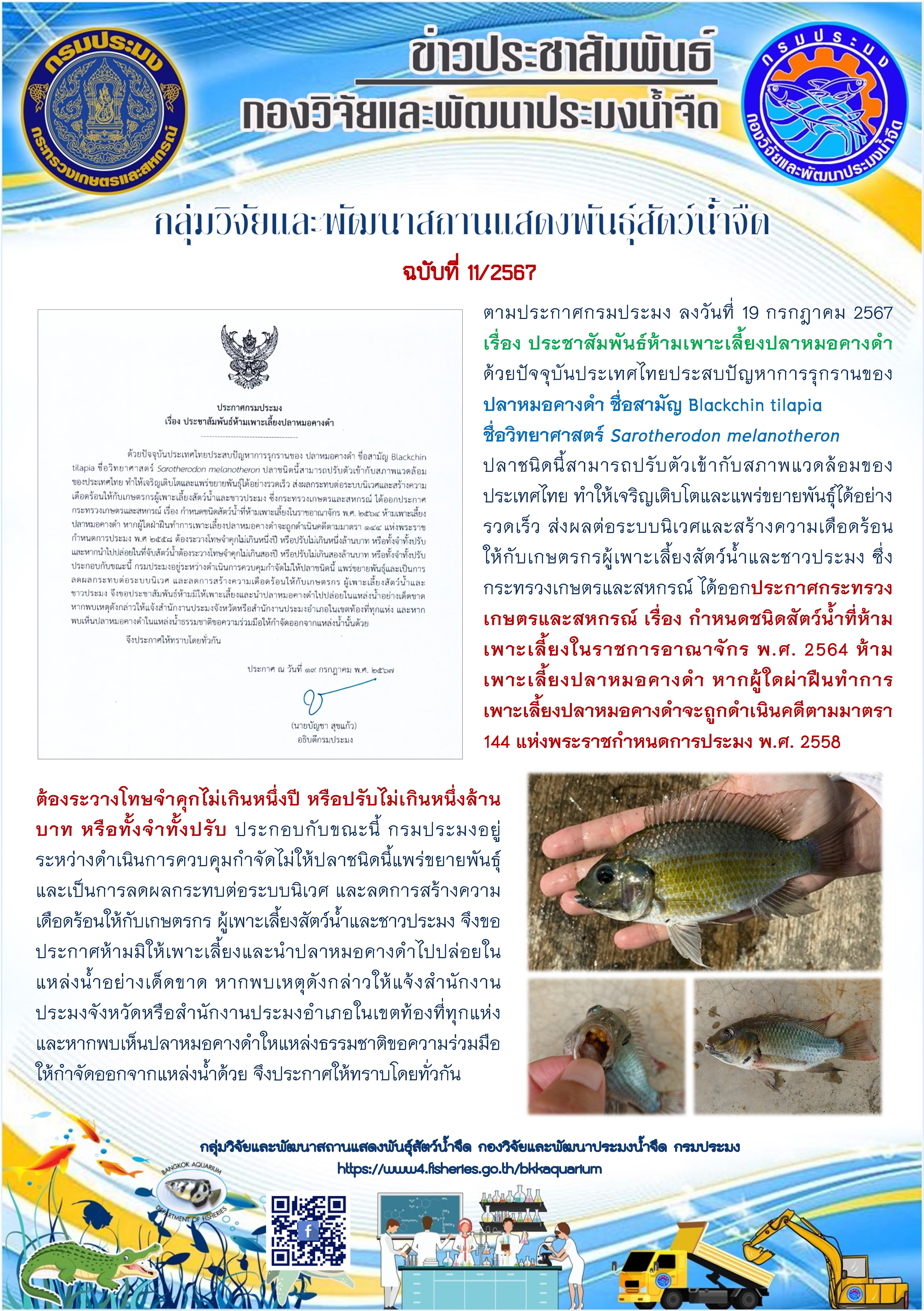 ประชาสัมพันธ์ห้ามเพาะเลี้ยงปลาหมอคางดำ