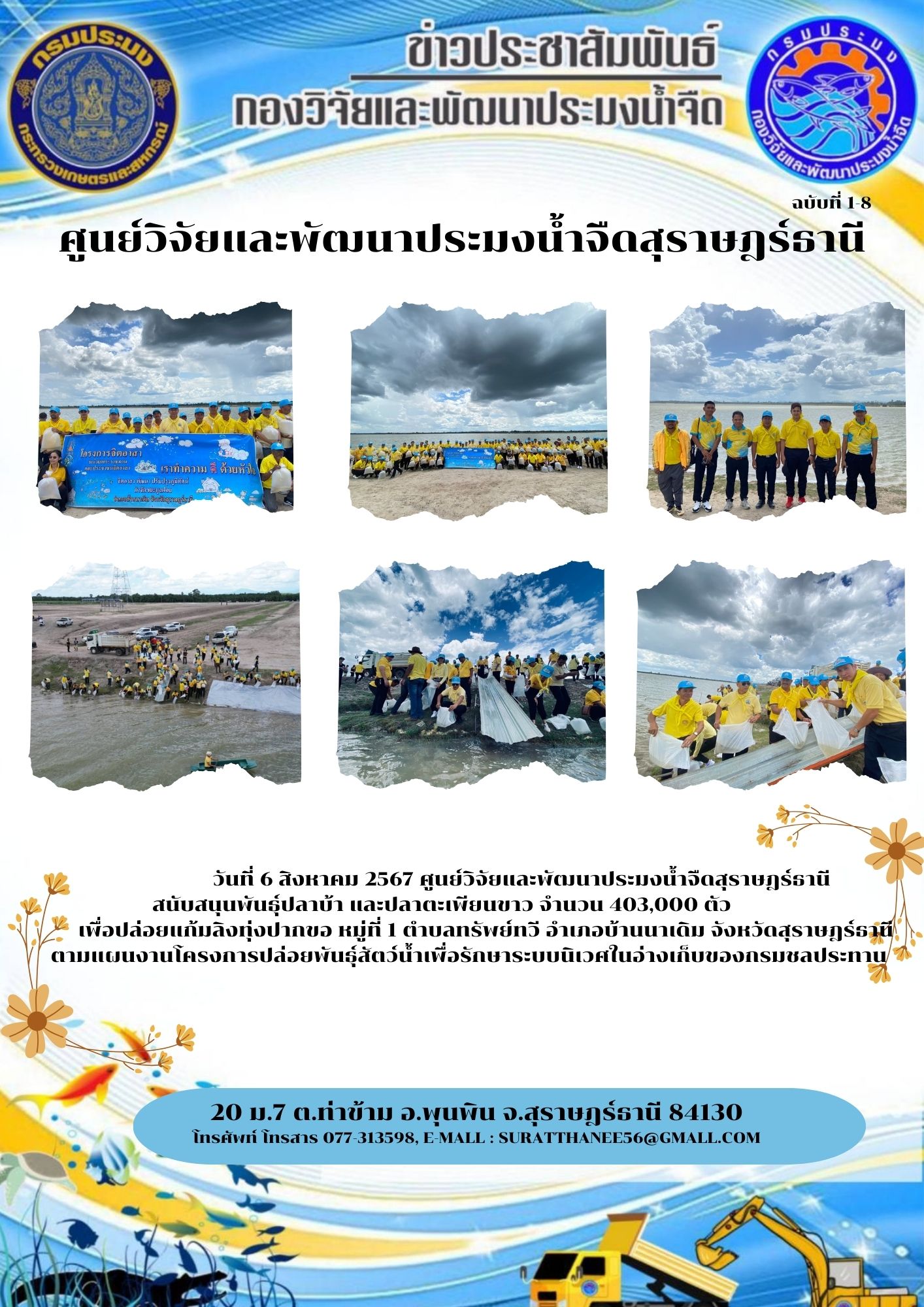  วันที่ 6 สิงหาคม 2567 ศูนย์วิจัยและพัฒนาประมงน้ำจืดสุราษฎร์ธานี สนับสนุนพันธุ์ปลาบ้า และปลาตะเพียนขาว จำนวน 403,000 ตัว          