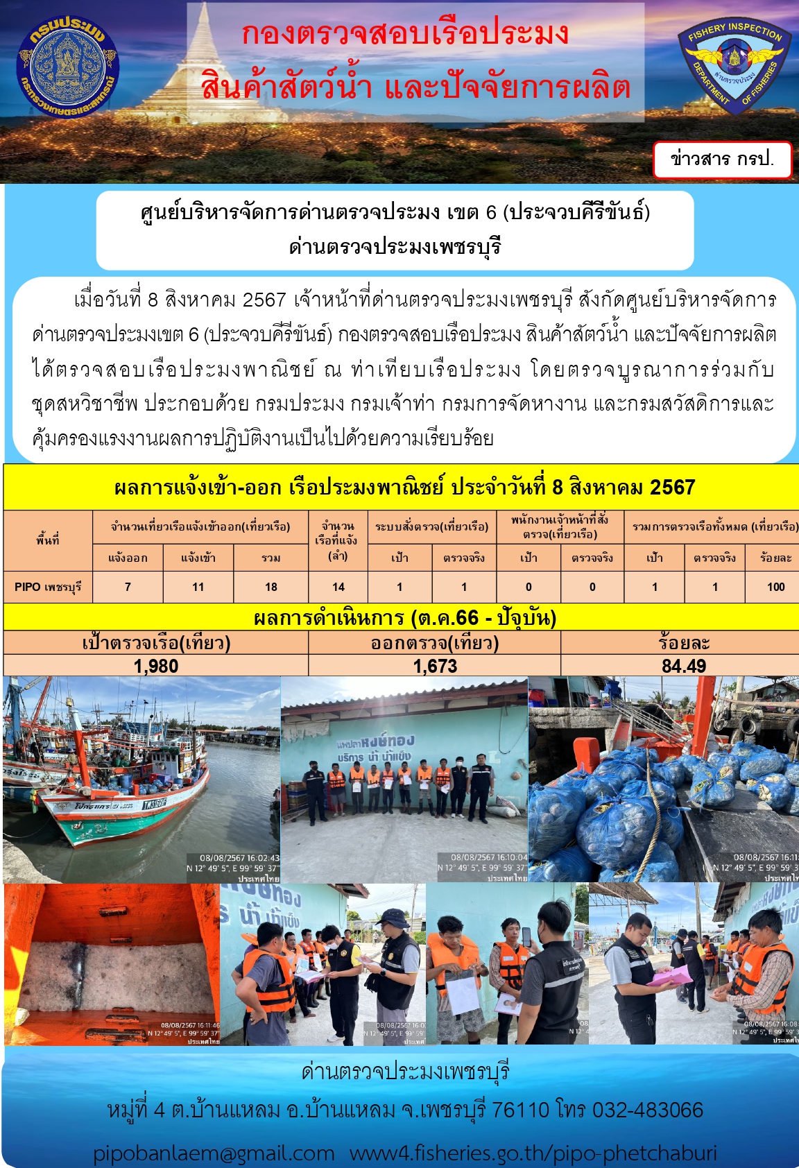 ข่าวประชาสัมพันธ์ ด่านตรวจประมงเพชรบุรี สถิติเรือที่แจ้งเข้า - ออก ประจำวันที่ 8 ส.ค. 2567