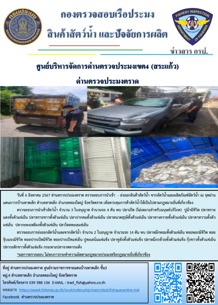 ผลการปฏิบัติงานของด่านตรวจประมงตราด ประจำวันที่ 6 สิงหาคม 2567..คลิก