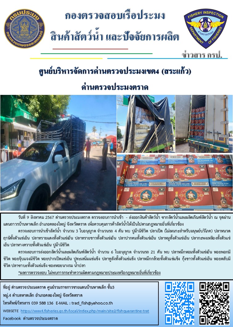 ผลการปฏิบัติงานของด่านตรวจประมงตราด ประจำวันที่ 9 สิงหาคม 2567..คลิก