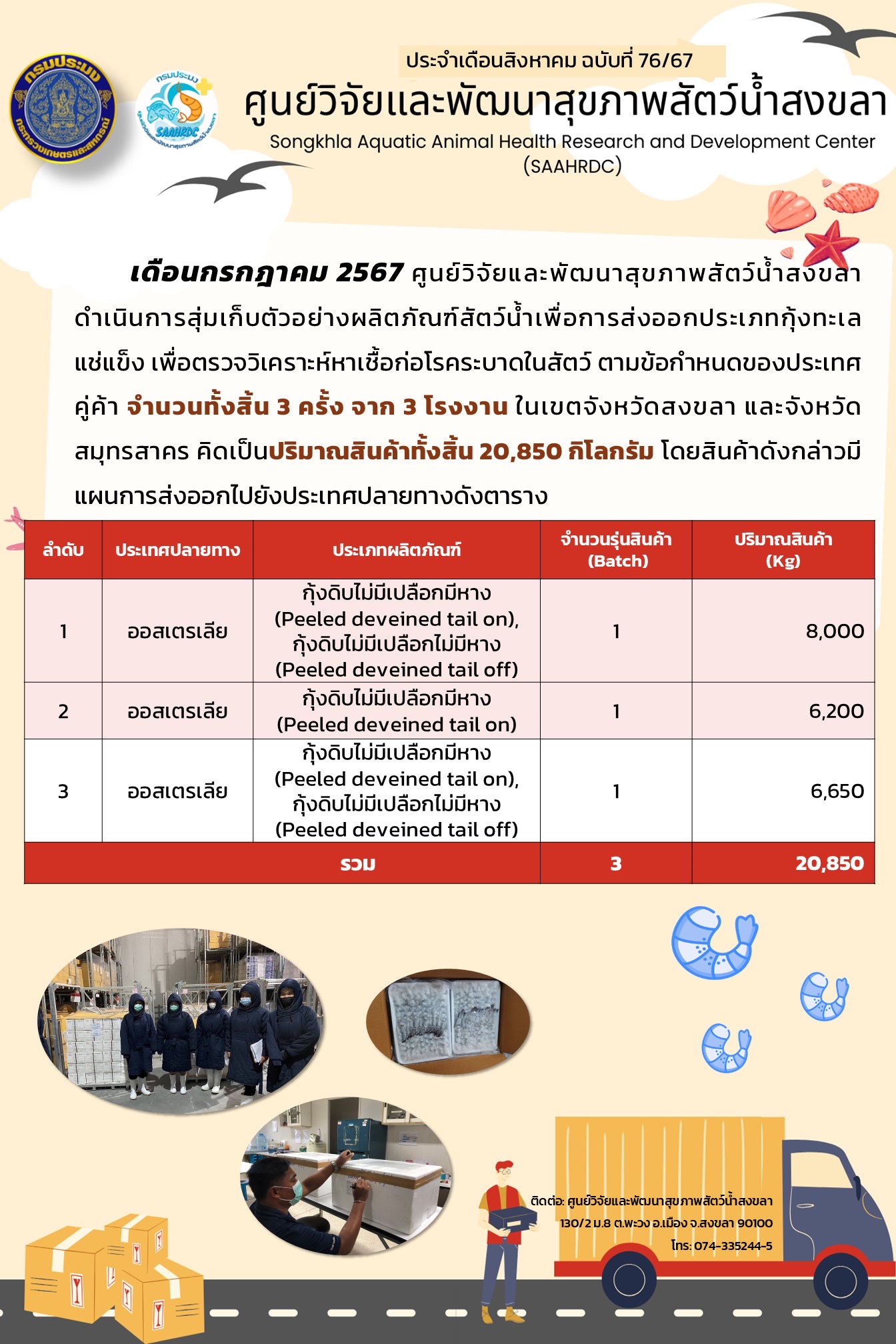 ฉบับที่ 76/67 ศูนย์วิจัยและพัฒนาสุขภาพสัตว์น้ำสงขลา ดำเนินการสุ่มเก็บตัวอย่างผลิตภัณฑ์สัตว์น้ำเพื่อการส่งออกประเภทกุ้งทะเล แช่แข็ง..คลิก