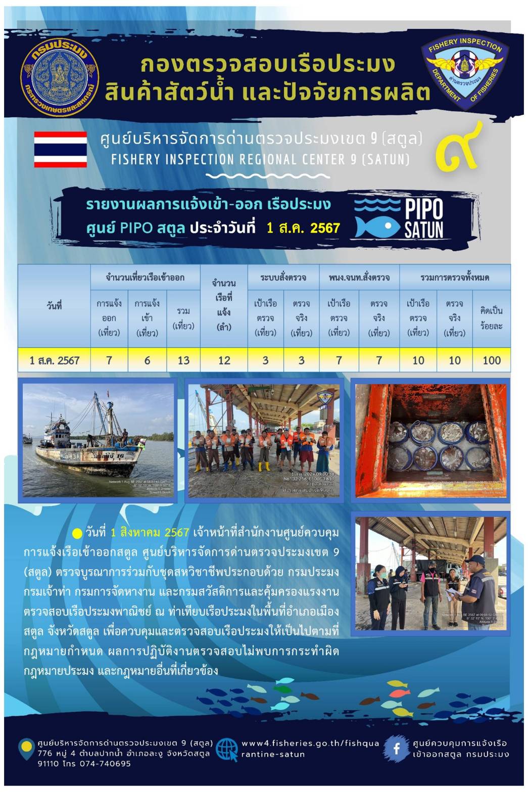 ประชาสัมพันธ์การปฏิบัติงานศูนย์บริหารจัดการด่านตรวจประมงเขต 9 (สตูล) ประจำวันที่ 1-5 สิงหาคม 2567