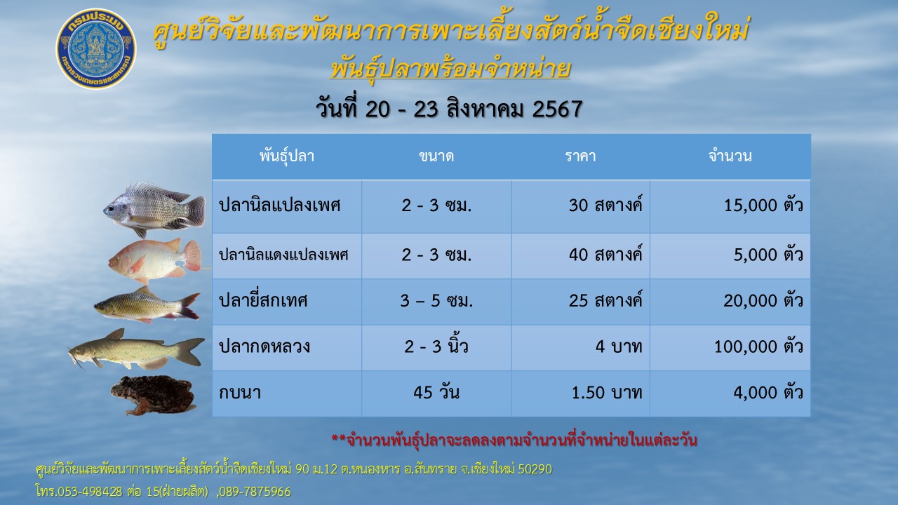 พันธุ์ปลาพร้อมจำหน่าย วันที่ 20-23 สิงหาคม 2567